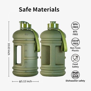 Фляга TOOFEEL 2л BPA Free, велика спортивна фляга для води, з позначеними мітками об'єму (Матова оливкова, 2200 мл)