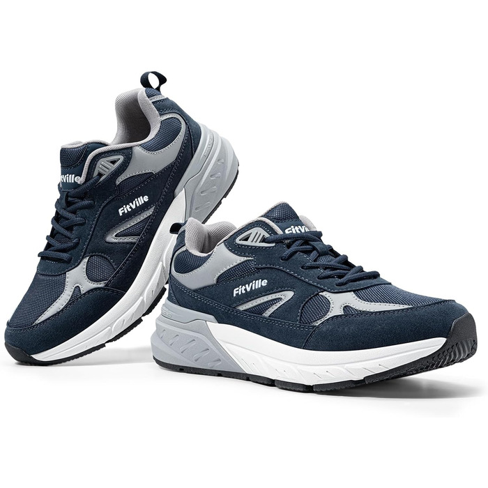 Кросівки FitVille для чоловіків: широкі бігові кросівки, спортивне взуття, неслизькі, дихаючі, для бігу по вулицях, outdoor, для джогінгу, фітнесу, зручні для широкої стопи (42.5 EU X-Wide, темно-синій з сірим)