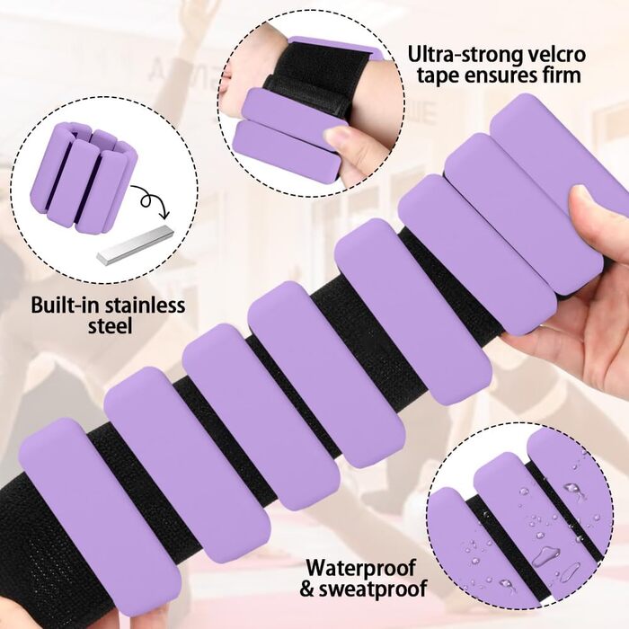 Набір обтяжувачів для зап'ястя та кісточок, регульовані (2 шт., 0.45 кг) Силіконові браслети для фітнесу, ходьби, йоги, пілатесу (фіолетовий)