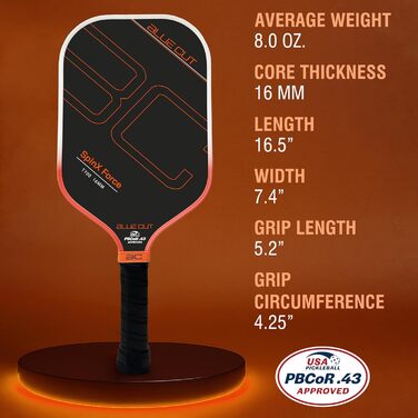 Падл для піклболу Blue Cut з вуглецевим волокном T700, 16 мм комірчаста структура, поверхня для обертання, Pro Power Speed & Control, сертифікований USAPA, з сумкою Orange/Sunset Chevron