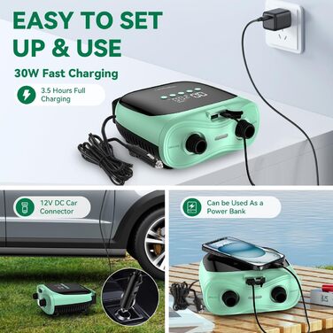 Електричний насос SUP з акумулятором 20 PSI, 12V DC, LCD, для надувних човнів, матраців, наметів (зелений)
