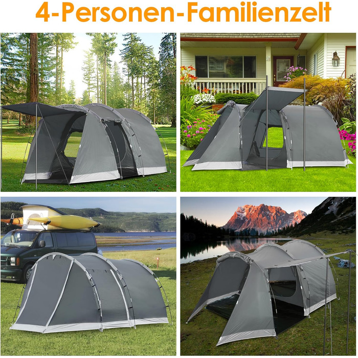 Намет для кемпінгу на 4 особи: водонепроникний тунельний намет для сім'ї та групи, з шатром для сну, сірий