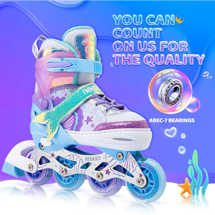 Інлайнери NEMONE для дівчаток, 4 розміри, регульовані, блакитний/фіолетовий, для дому та вулиці, розмір 37-39 EU, модель 'Морська русалка'