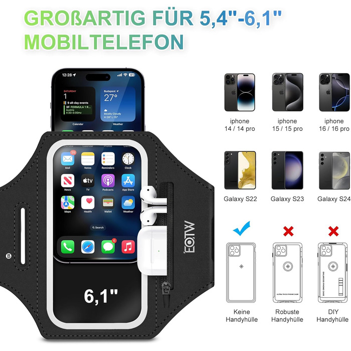 Спортивний браслет EOTW для телефону та AirPods: зручна фіксація на руці, сумісний з iPhone, Galaxy та MP3-плеєрами (5.5'-6.0')