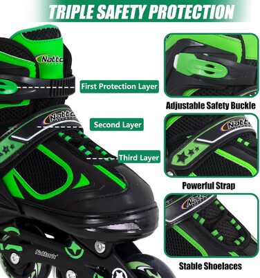 Ролики дитячі Nattork з підсвічуванням, ролики для катання на вулиці та в приміщенні (32-36), зелені