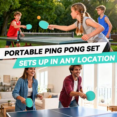 Набір для пінг-понгу для 2 гравців – 2 ракетки, сітка, 6 м'ячів – для гри в приміщенні та на вулиці, блакитний/зелений