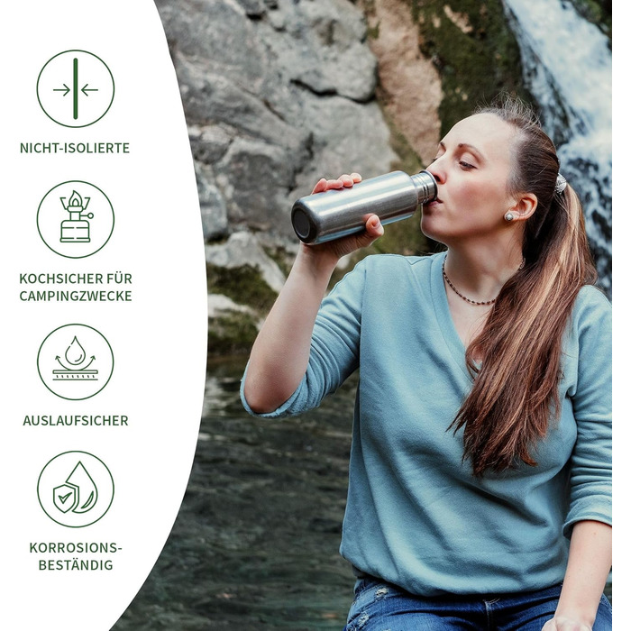 Водафлянка Bambaw з нержавіючої сталі, 1 л | Багаторазова еко-пляшка | Для кемпінгу та походів | Без пластику | Спортивна пляшка, 1000 мл, срібна