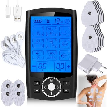 TENS пристрій для зняття болю: перезаряджуваний масажер з 36 програмами, EMS для спини, шиї, плечей, ніг (Чорний)