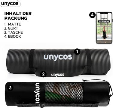 Універсальний килимок для йоги та фітнесу Unycos, нековзний, 183x60 см, NBR, товщина 10/15 мм, з ременем для перенесення та електронною книгою вправ, нетоксичний, для спорту вдома та в залі, чорний