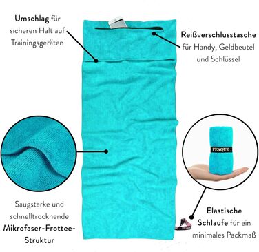 Рушник для фітнесу PEAQUE з кишенею на блискавці | Мікрофібра з фротте-структурою | Спортивний рушник для тренажерного залу | М'який, швидковисихаючий (120 x 50 см)