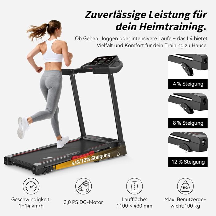 Біговий тренажер L3 для дому, складаний, з тихою амортизацією, Bluetooth, сумісний з Kinomap & Zwift, 4PS, до 20 км/год, кут нахилу 18%, розмір бігового полотна 1340x480 мм, до 120 кг