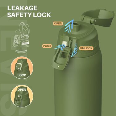 Термофляга SANTECO 1.5л з нековзним замком, нержавіюча сталь, BPA-Free, з чохлом для подорожей та кемпінгу, зелений мох