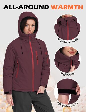 Жіноча лижна куртка GEMYSE з інтегрованими захисними ременями. Тепла водонепроникна вітронепроникна куртка-сніговик для активного відпочинку (XL, Темно-червоний)