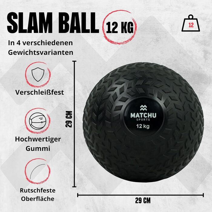 М'яч Slam Ball Matchu 12 кг – водонепроникний, з посиленим хватом, чорний, міцний дизайн, доступний у 3, 6, 9, 12 кг