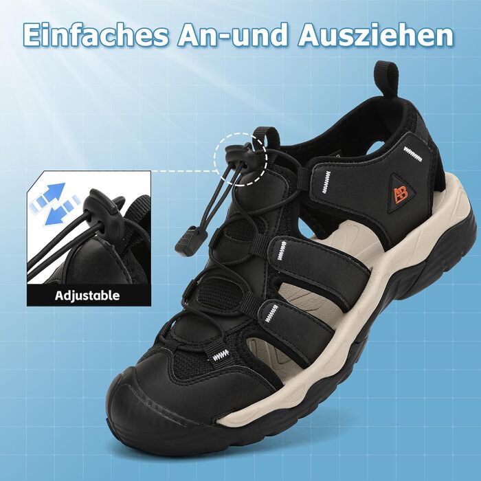 Чоловічі сандалі AX BOXING для трекінгу та спорту, літні, на липучках, дихаючі, чорні, розмір 44 EU