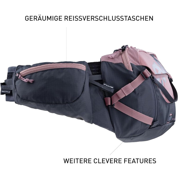 Поясна сумка EVOC HIP Pack 3л з питною системою 1,5л, вентиляцією, регульованим ременем, рожево-сіра