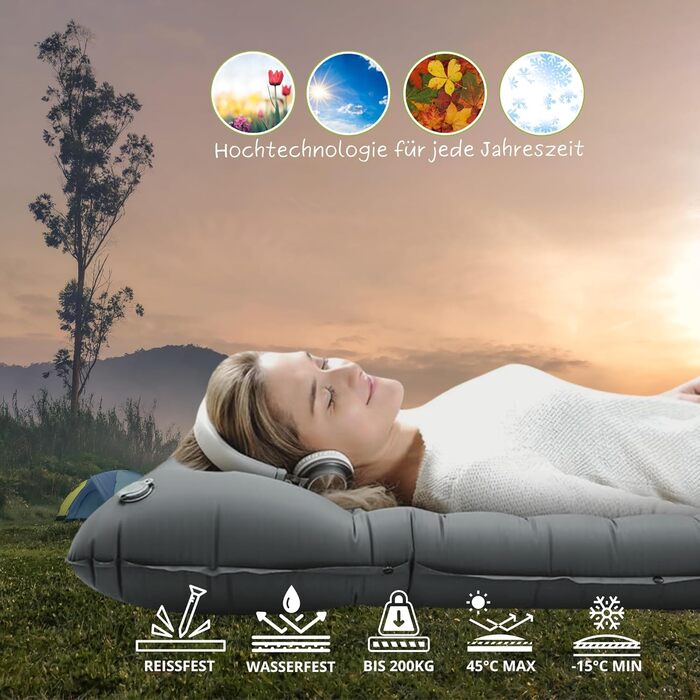 Надувний килимок BÄRBERG з самонадуванням та насосом для ніг, Ultralight, для кемпінгу, подорожей, фестивалів, басейну (Оливковий)