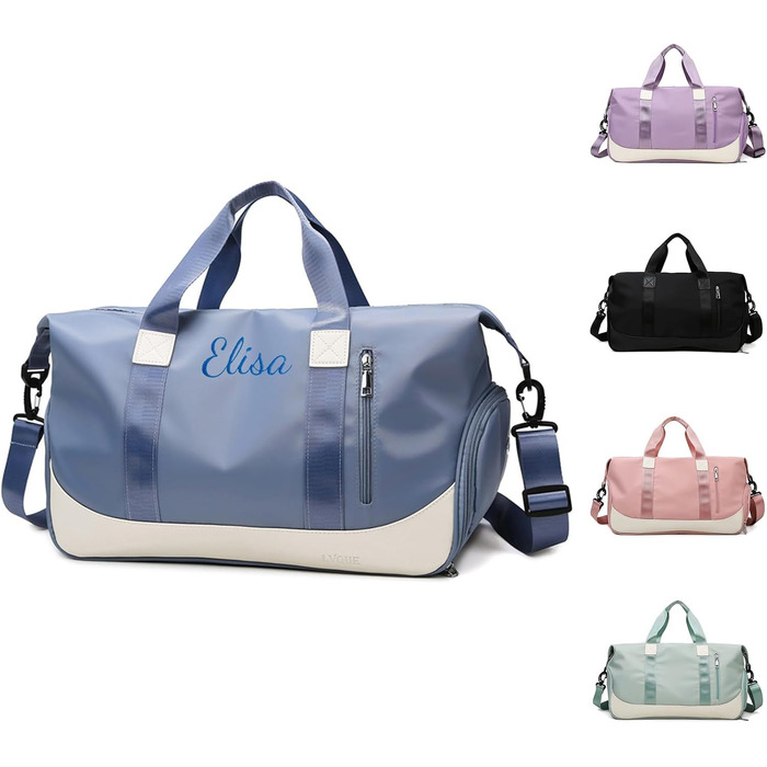 Персоналізована спортивна сумка для залу з вишивкою, жіноча дорожня сумка 35Л з відділеннями для взуття та вологих речей, синя