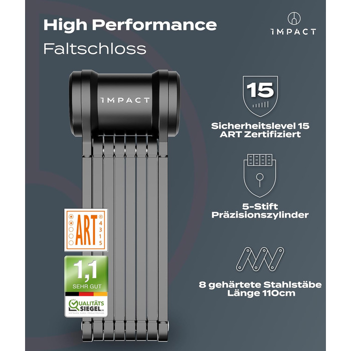 IMPACT® FlexLock 15: Преміальний складний замок для велосипеда - високий рівень безпеки. Зручний замок з рівнем безпеки 15 до 120 см, витримує до 1,5 тонн тяги. З ключем.