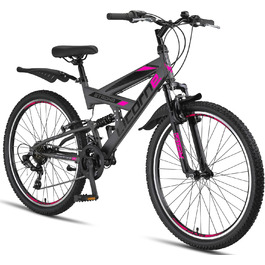 Гірський велосипед Licorne Bike Premium Strong V 24/26 дюймів для хлопців, дівчат, жінок і чоловіків, 21 швидкість, повна амортизація, антрацит/рожевий, 24 дюйми