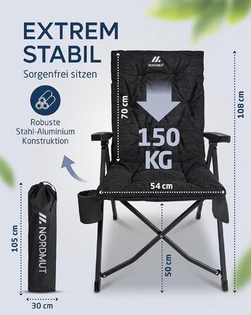 Розкладне крісло для кемпінгу NORDMUT Premium з високою спинкою, регульоване (4 позиції), посилений садовий стілець для відпочинку на відкритому повітрі, навантаження до 140 кг, Антрацит