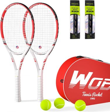 Набір тенісних ракеток для дорослих Pro Tennis (2 шт), 27 дюймів, для початківців та професіоналів, з сумкою, 3-ма м'ячами, віброгасителями та овергрипами, червоний