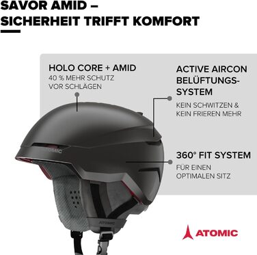 Гірськолижний шолом ATOMIC SAVOR AMID для дорослих, 360° Fit, захист від ударів, вентиляція Aircon, чорний, розмір 55-59