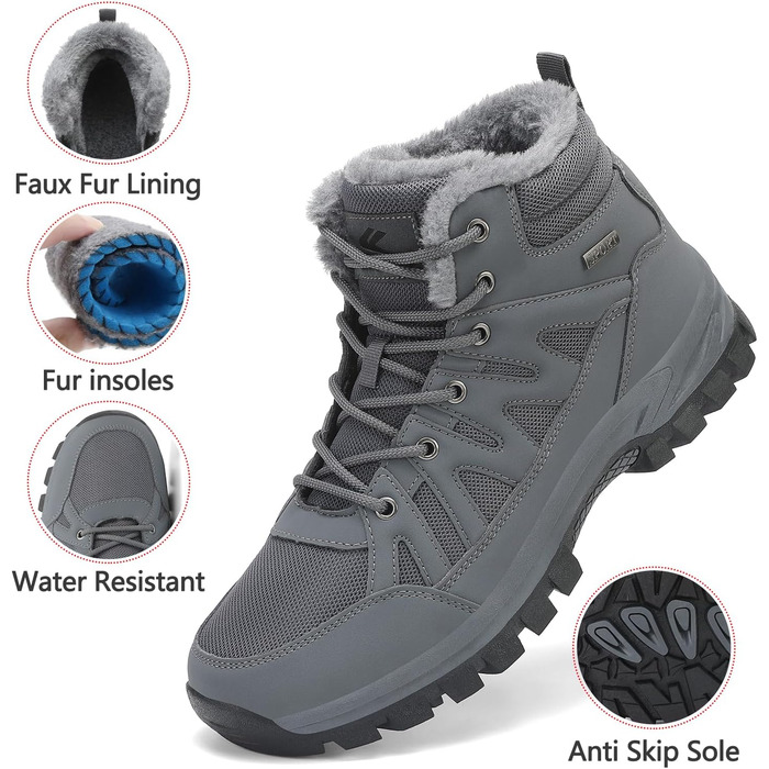 Чоловічі зимові черевики FLARUT: теплі, водонепроникні, для хайкінгу та трекінгу, сірі, 46 EU