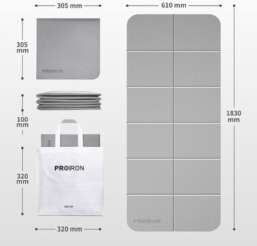 PROIRON Складаний йога-мат TPE 183x61x0,6 см, нековзкий, легкий, з сумкою, для фітнесу та пілатесу, сірий