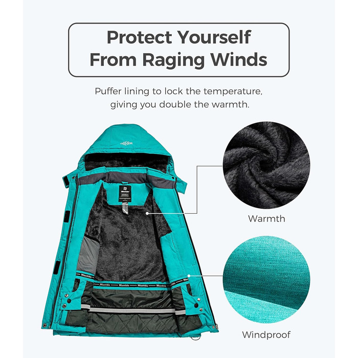 Жіноча гірськолижна куртка Wantdo, тепла флісова куртка, водонепроникна, дихаюча, з капюшоном, вітрозахисна, темно-бірюзова, розмір L