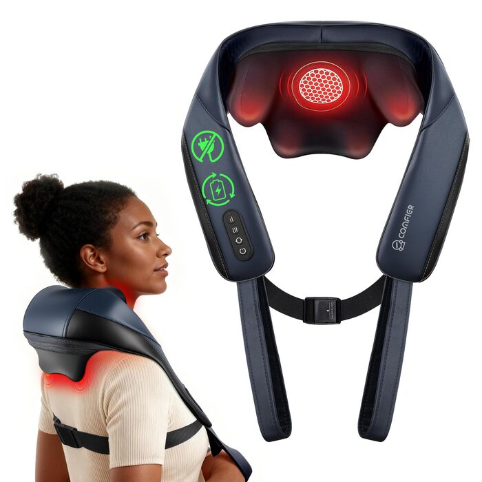 Масажер для шиї та плечей Comfier 2026 з графеновим підігрівом, 4D Shiatsu, бездротовий, для глибокого масажу шиї, плечей та спини, подарунок для жінок та чоловіків, темно-синій