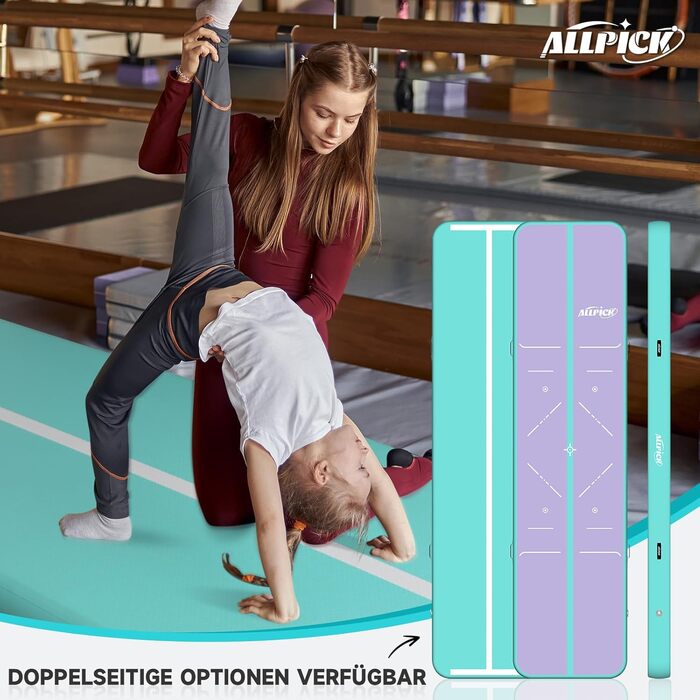 Надувний гімнастичний мат ALLPICK 4 м, двосторонній, товщина 20 см, для гімнастики, йоги та акробатики, фіолетово-зелений