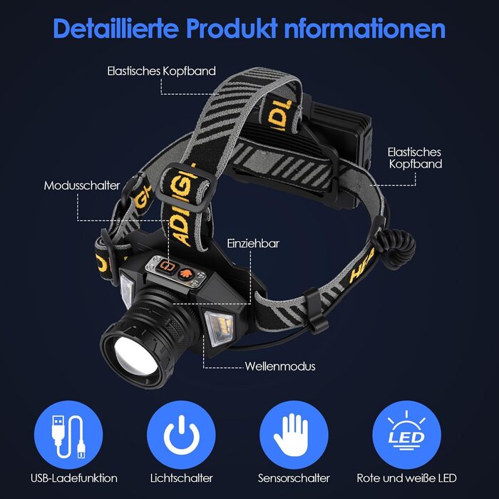 Ліхтар на лоб SternSinn LED акумуляторний, налобний ліхтар з сенсором, регулюванням фокусу, IP65 вологостійкий, 8 режимів освітлення та задній ліхтар, кут нахилу 90° для кемпінгу та риболовлі