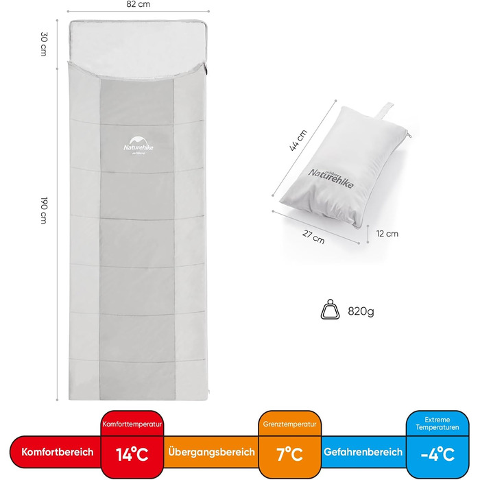 Сплячий мішок Naturehike - легкий, для походів та кемпінгу, комфорт +7°C, Z-подушка (сірий)