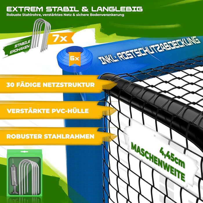 Ворота для футболу KESSER® для саду, 240 см, міцні, для тренувань, з UV-стійким сіткою, сталевий каркас з підкладкою, фіксатори для землі, насос, конуси, аксесуари для монтажу, для дітей та дорослих, блакитні