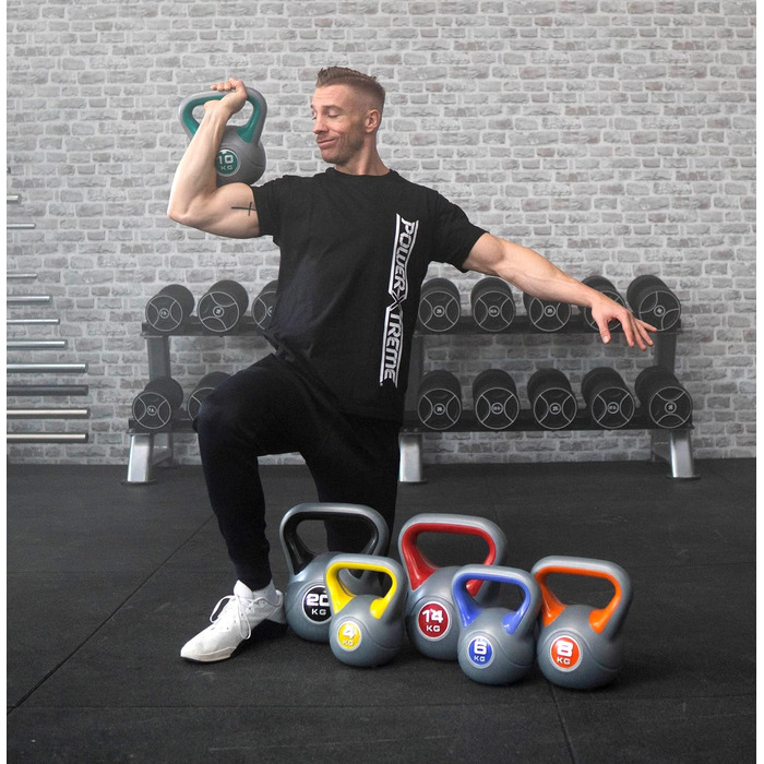 Гиря POWER-XTREME з піщано-бетонним наповнювачем у пластиковій оболонці, різні ваги 2–20 кг