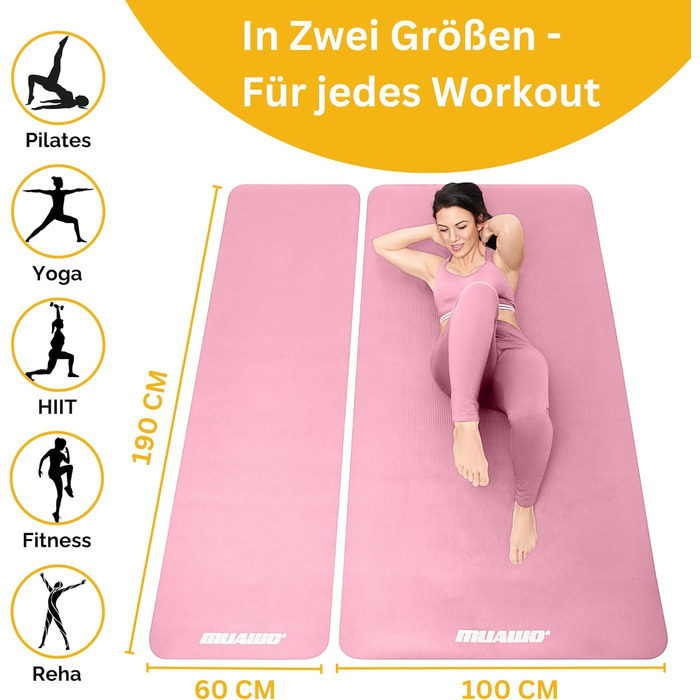Килимок для фітнесу Muawo Premium: йога, гімнастика | Антиковзаючий, товстий, 190 x 60 x 1,5 см (Рожевий)
