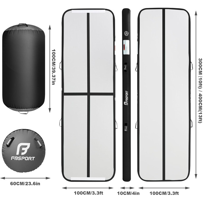FBSPORT Килимок для гімнастики та йоги надувний, 400x100x10 см, з ролею, чорно-сірий