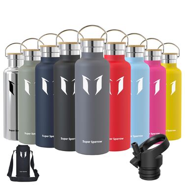 Фляга Super Sparrow з нержавіючої сталі - 350мл/500мл/620мл/750мл/1л - Без витоку, термос, BPA-Free, для дітей, спорту, школи, фітнесу - з 2 кришками, сірий колір