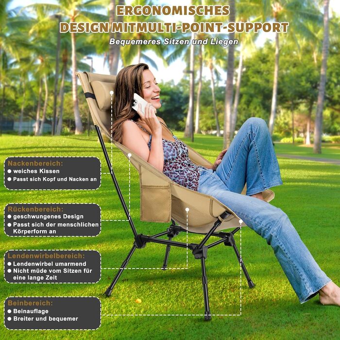 Складний туристичний стілець IEEILULU з високою спинкою, 130 кг, з кишенями, для кемпінгу, риболовлі, пікніка (колір: коричневий)