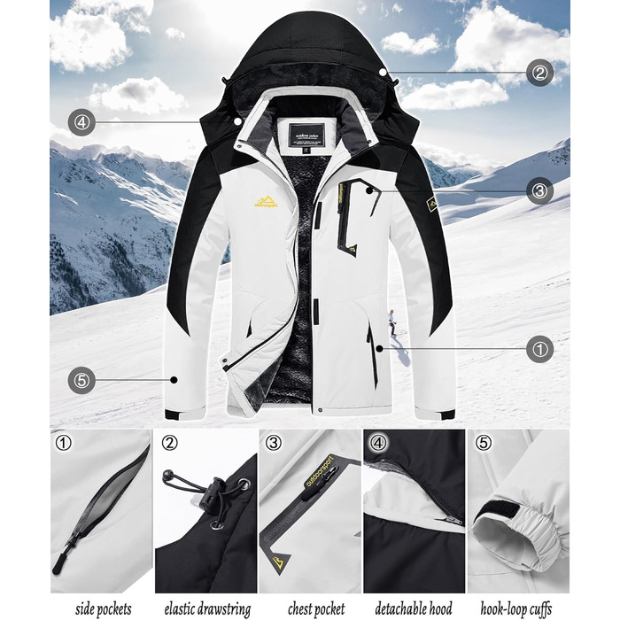 TACVASEN жіноча куртка-перехідник, тепла зимова куртка, куртка для походів, гірськолижна куртка з водонепроникною блискавкою, білий та чорний колір