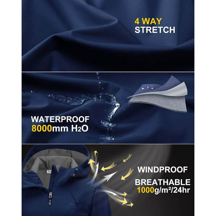 Жіноча куртка Softshell 33,000ft водонепроникна та вітрозахисна, дихаюча функціональна куртка з капюшоном для бігу, їзди на велосипеді та походів, темно-синя, розмір 38