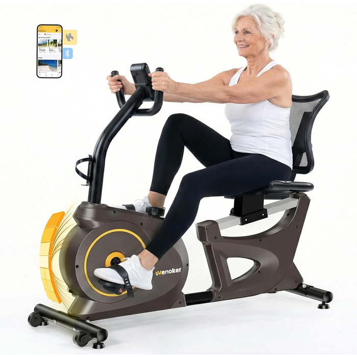 Ергометр для дому з магнітною гальмом, датчиками пульсу та LCD-дисплеєм, 15 рівнів опору, з підніжкою для спини, для людей похилого віку. Міцна конструкція, декілька налаштувань, колір горіх.