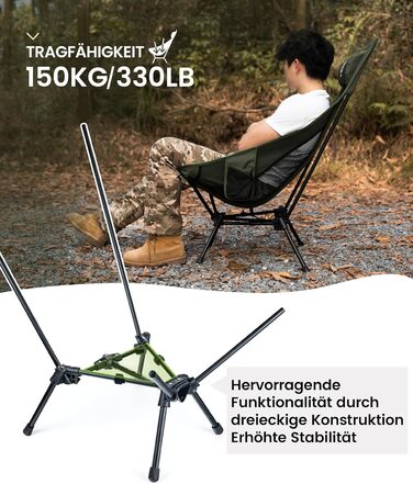 Стілець для кемпінгу OneTigris TIGERBLADE, висока спинка, 170 кг, складний, легкий, трикутник, риболовний, з кишенями, для відпочинку на природі, походів (Ranger Green)
