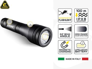 Ліхтар Cressi Astra Black - потужний водонепроникний ліхтар LED для дайвінгу, риболовлі та підводних досліджень (1200 Lumen)