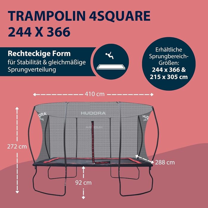 Трамплін HUDORA 4square 244x366 см - великий прямокутний для активного відпочинку. Максимальне навантаження 120 кг. Стрибки високі, сімейний. Якісний продукт.