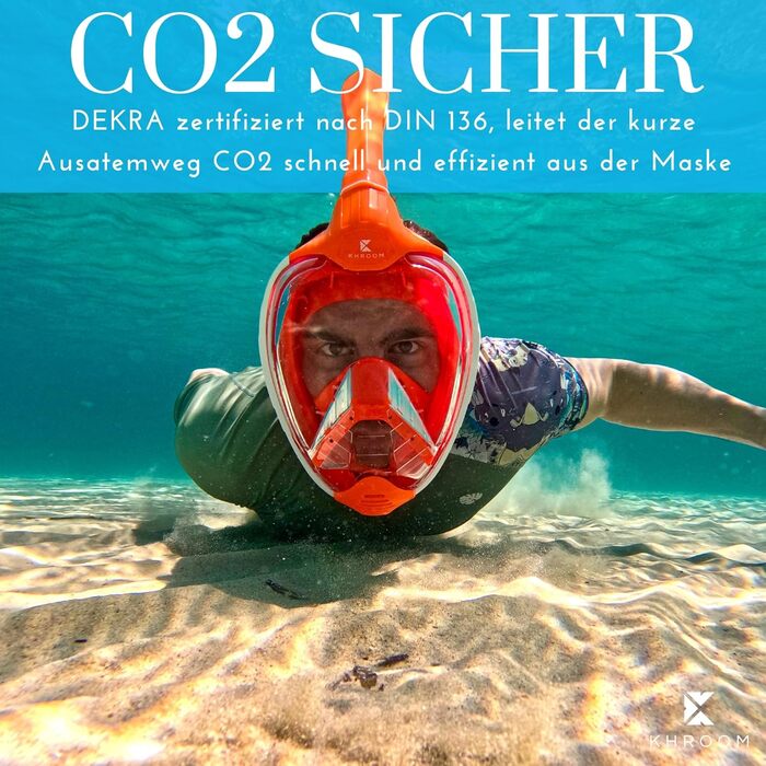 Сноркельна маска Khroom Seaview X для дорослих і дітей, сертифікована DEKRA, безпечна по CO2, повнолицева для плавання та дайвінгу, розмір L-XL, світло-блакитна