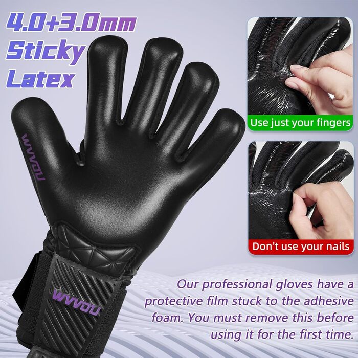 Воротарські рукавички WVVOU для чоловіків та підлітків, високопродуктивні дитячі рукавички з 5 знімними пальцями-захисниками, футбольні рукавички з 4 мм липкого латексу на долоні (фіолетовий, розмір 9)