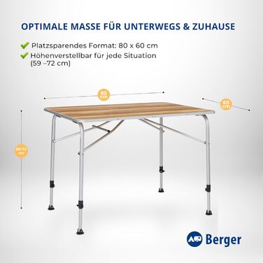 Складний алюмінієвий стіл для кемпінгу BERGER Livenza 80x60 см - регульована висота, для саду, балкону, тераси
