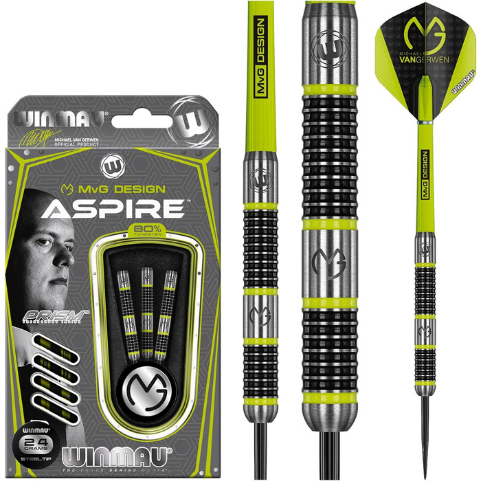 Дротики WINMAU Michael Van Gerwen MvG Aspire 24 г, вольфрамові, стальні наконечники, з призматичними крилами та нейлоновими держателями